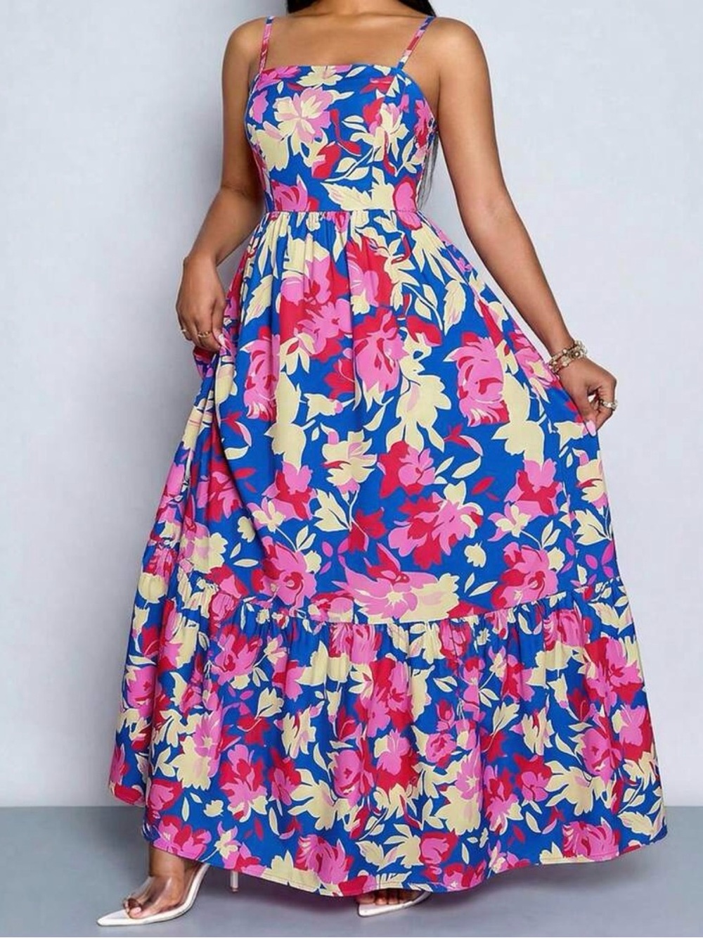 SHEIN Blue Maxi Dress with Pink & Cream Floral Print